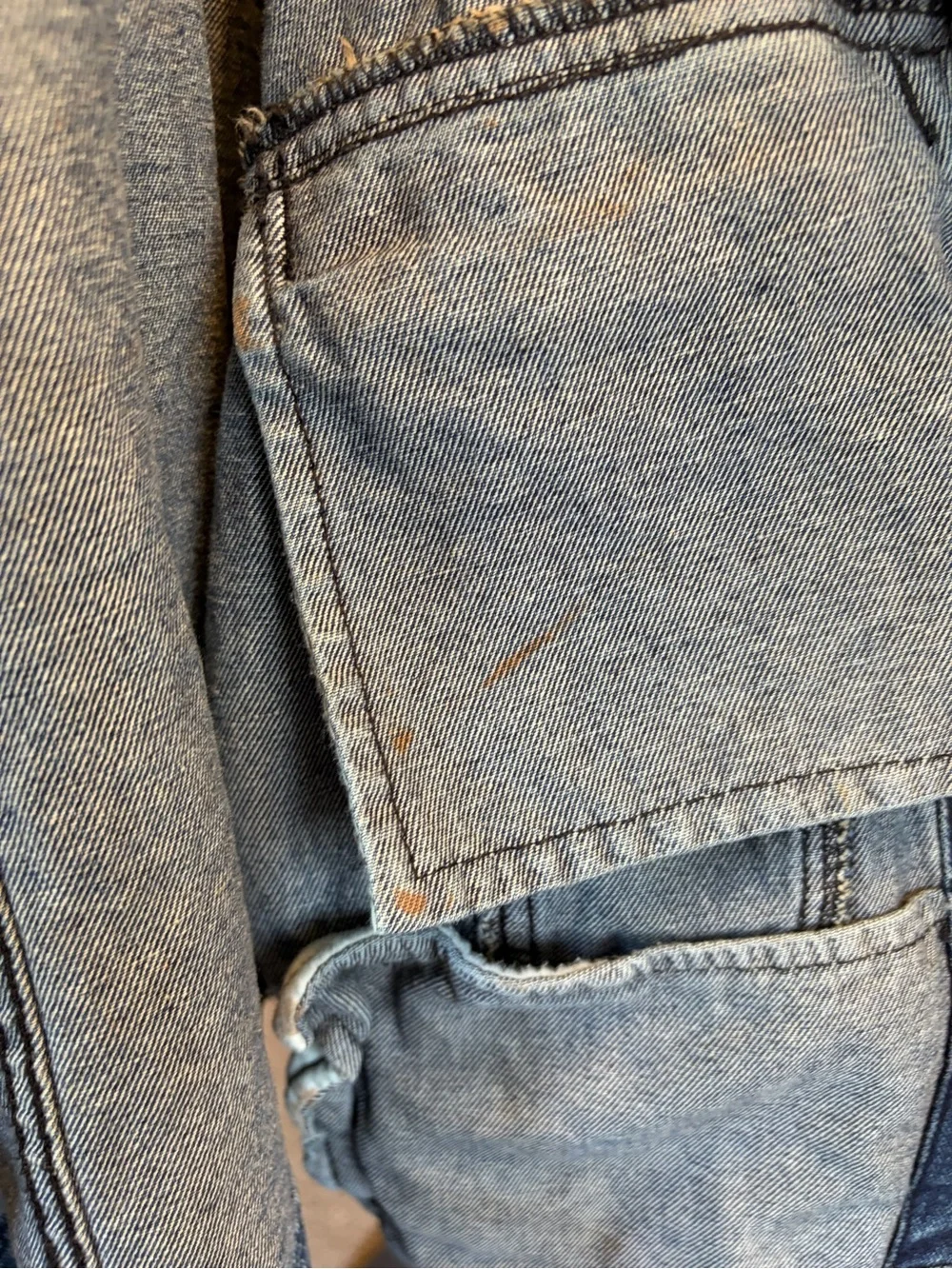 Free People Distressed Denim Jean Jacket W/ Knit Sleeves & Hood